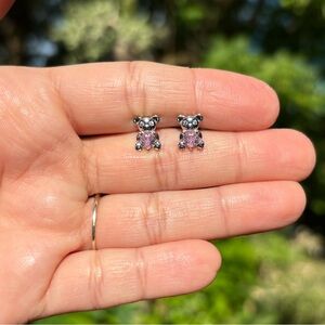 18K White Gold Plated Stainless Steel Diamond Bear stud earrings